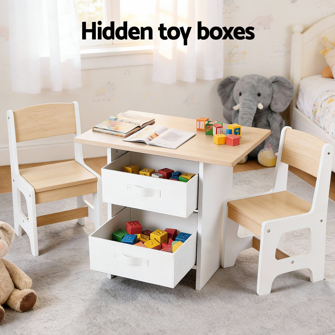 Keezi Kids Table and 2 Chairs Set Wooden Activity Table wit 2 Storage Drawers, Toddler Table and Chair Set for Children Drawing, Reading, Crafts, Eating, Natural