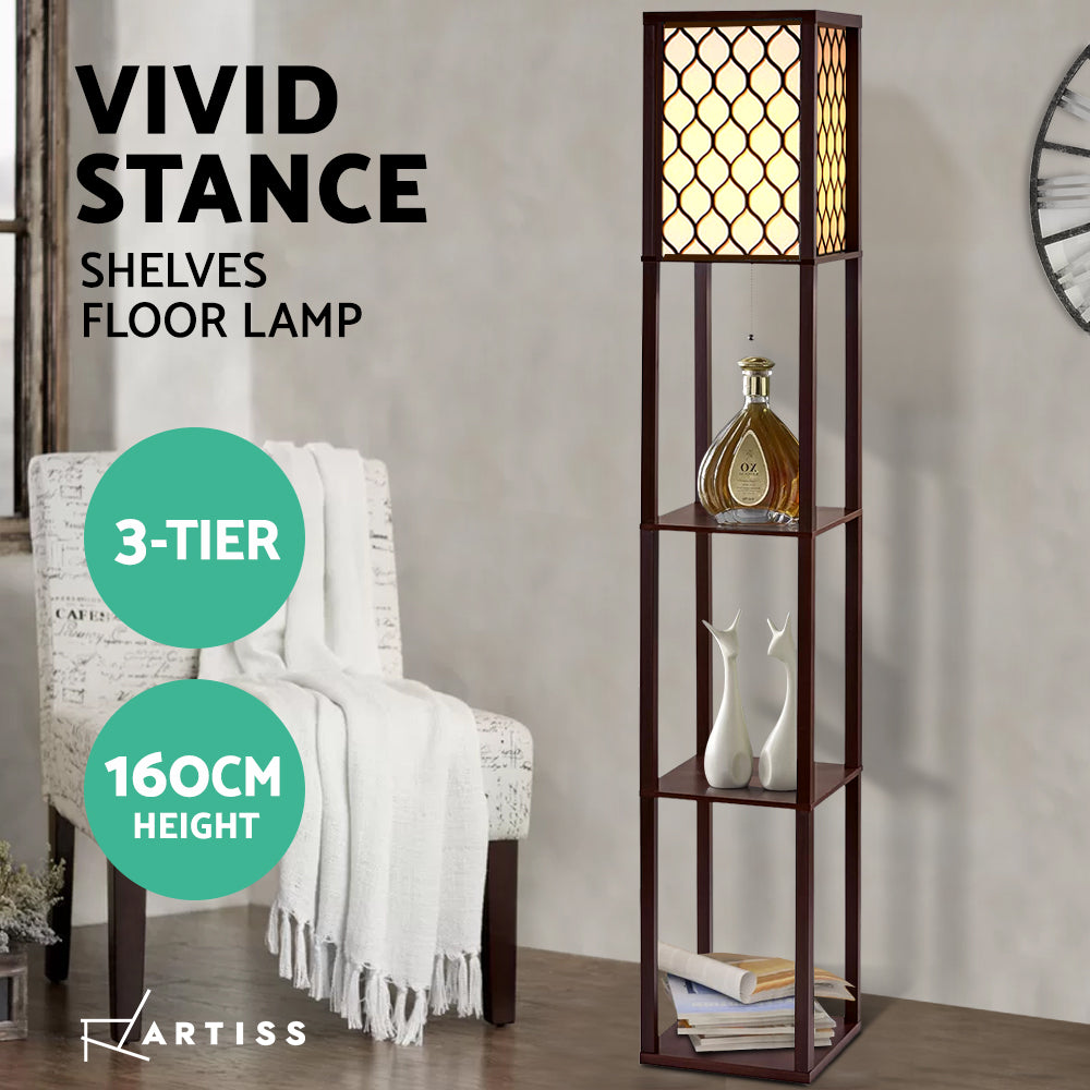 Artiss Floor Lamp 3 Tier Shelf Storage LED Light Stand Home Room Pattern Brown - VogueDecor.au