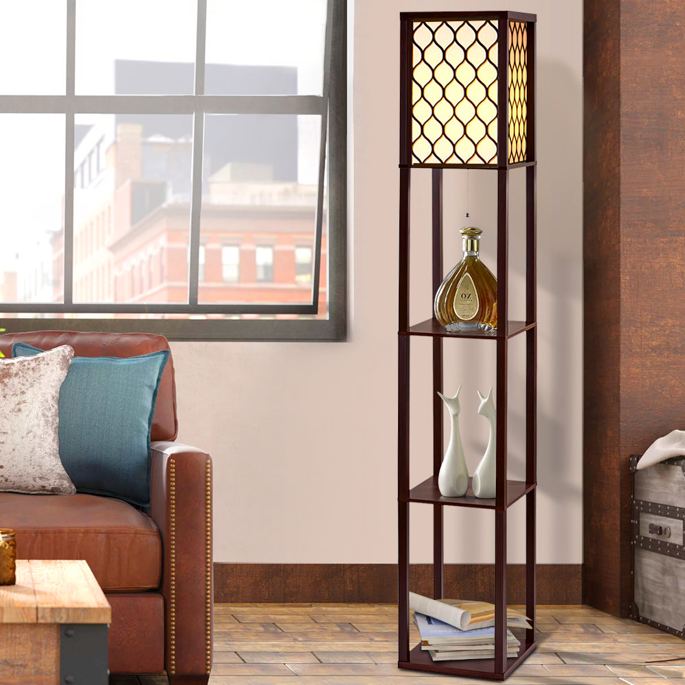 Artiss Floor Lamp 3 Tier Shelf Storage LED Light Stand Home Room Pattern Brown - VogueDecor.au
