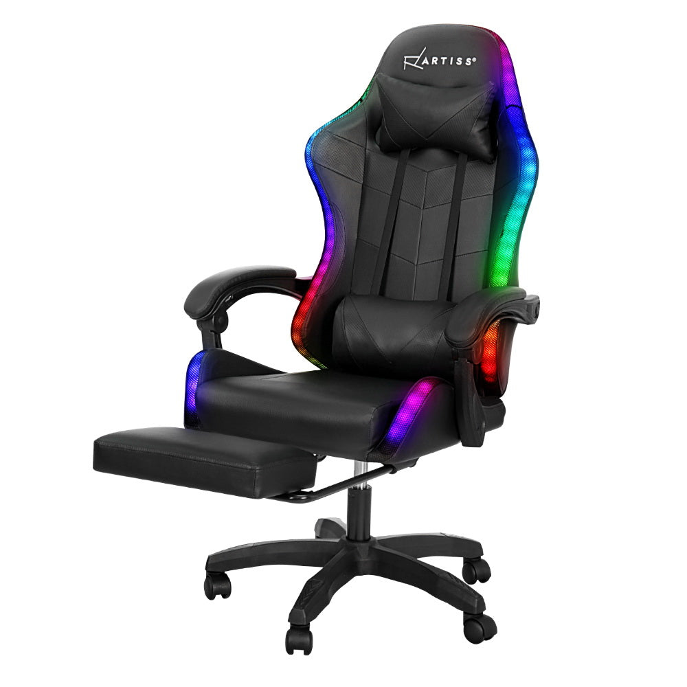 Artiss 6 Point Massage Gaming Office Chair 7 LED Footrest Black - VogueDecor.au