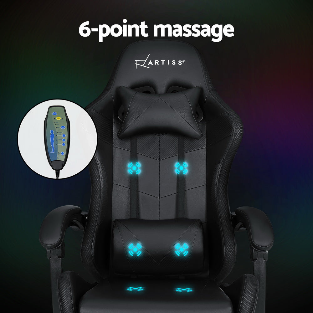 Artiss 6 Point Massage Gaming Office Chair 7 LED Footrest Black - VogueDecor.au