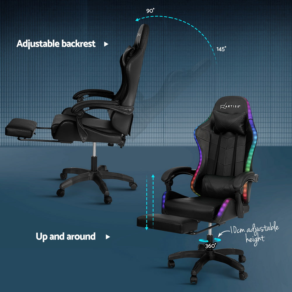 Artiss 6 Point Massage Gaming Office Chair 7 LED Footrest Black - VogueDecor.au