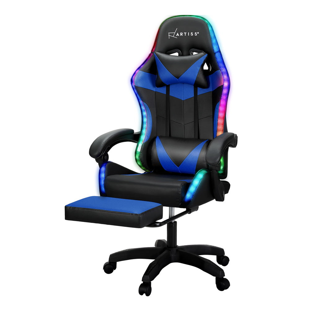Artiss 6 Point Massage Gaming Office Chair 7 LED Footrest Blue - VogueDecor.au