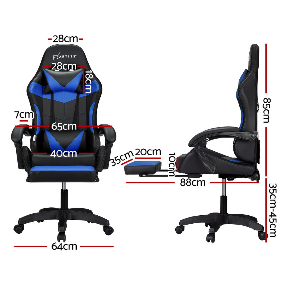 Artiss 6 Point Massage Gaming Office Chair 7 LED Footrest Blue - VogueDecor.au