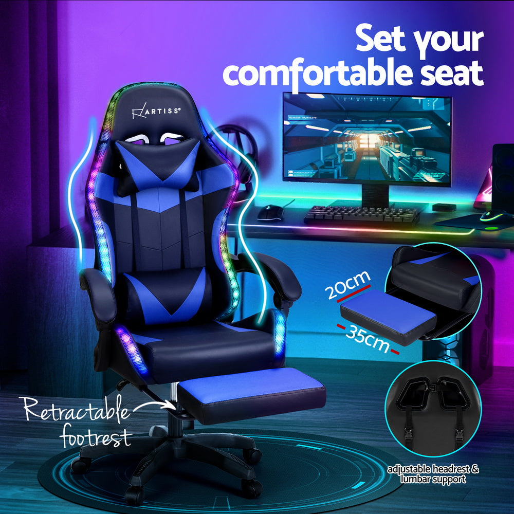 Artiss 6 Point Massage Gaming Office Chair 7 LED Footrest Blue - VogueDecor.au