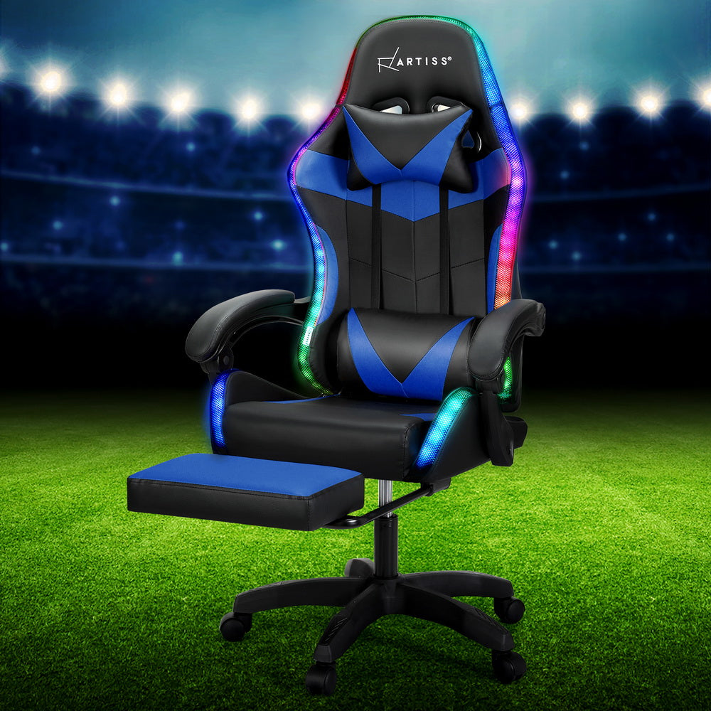 Artiss 6 Point Massage Gaming Office Chair 7 LED Footrest Blue - VogueDecor.au