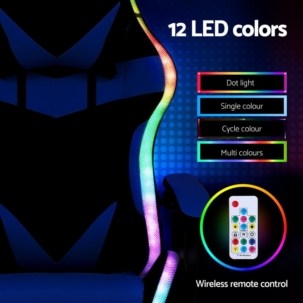 Artiss Gaming Office Chair 12 RGB LED Massage Computer Work Seat Footrest Blue