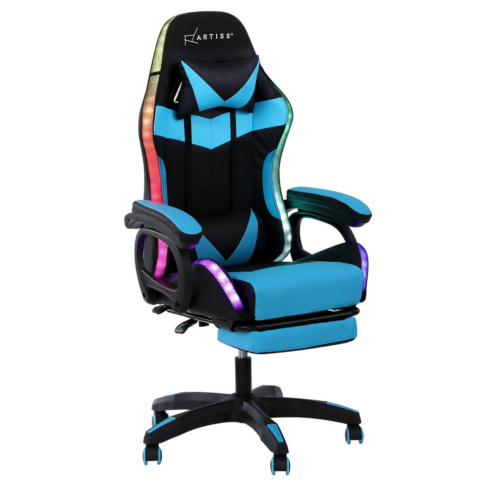 Artiss Gaming Office Chair 12 RGB LED Massage Computer Work Seat Footrest Cyan - VogueDecor.au