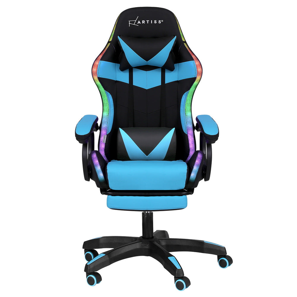 Artiss Gaming Office Chair 12 RGB LED Massage Computer Work Seat Footrest Cyan - VogueDecor.au
