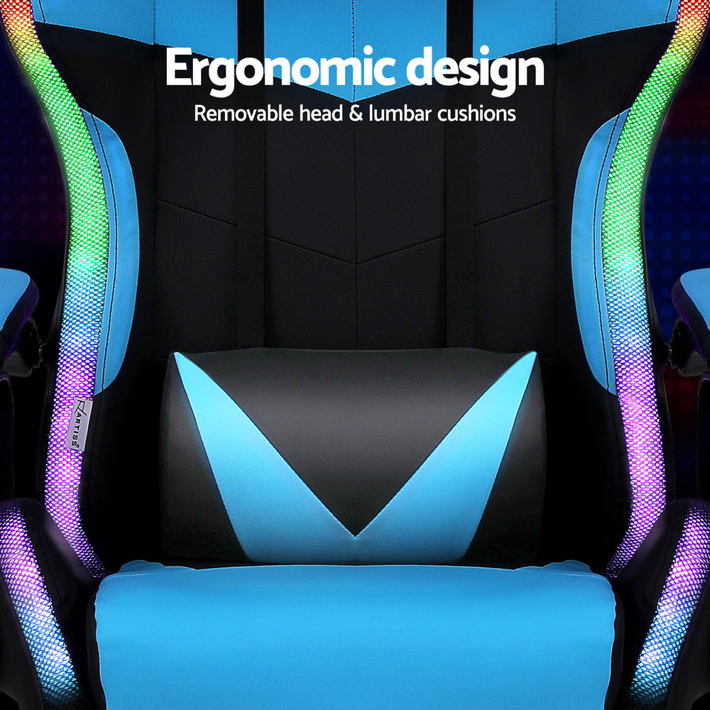 Artiss Gaming Office Chair 12 RGB LED Massage Computer Work Seat Footrest Cyan - VogueDecor.au