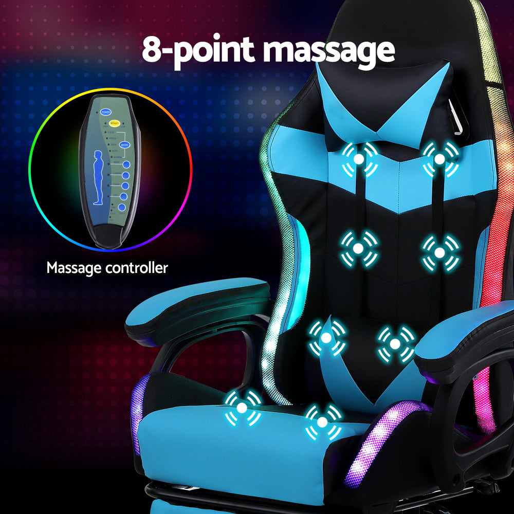 Artiss Gaming Office Chair 12 RGB LED Massage Computer Work Seat Footrest Cyan - VogueDecor.au
