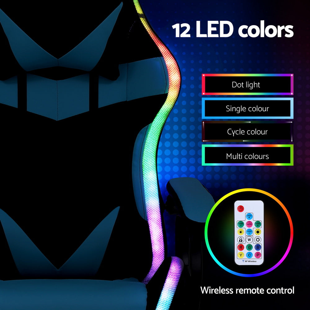 Artiss Gaming Office Chair 12 RGB LED Massage Computer Work Seat Footrest Cyan - VogueDecor.au