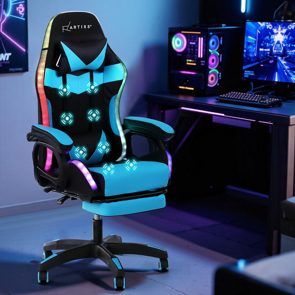 Artiss Gaming Office Chair 12 RGB LED Massage Computer Work Seat Footrest Cyan - VogueDecor.au