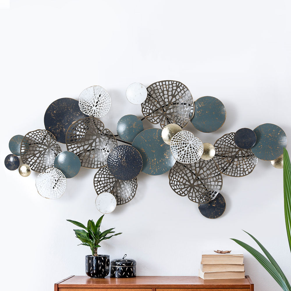Artiss Metal Wall Art Hanging Sculpture 132cm Home Decor Leaf Circles Blue - VogueDecor.au