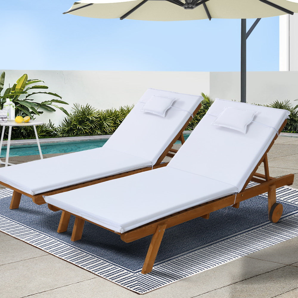 Gardeon 2x Sun Lounge Wooden Lounger Outdoor Furniture Day Bed Wheel Patio White - VogueDecor.au