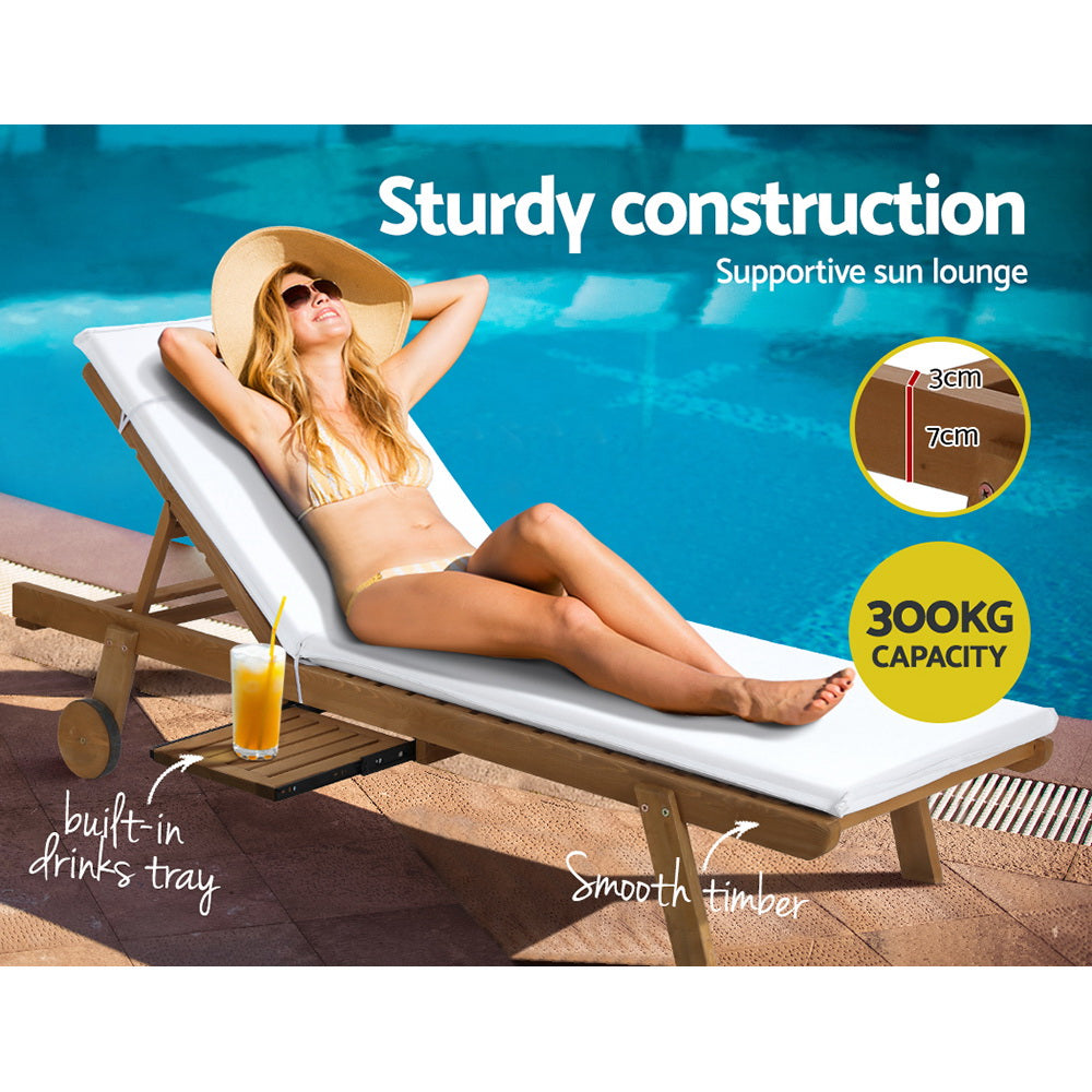 Gardeon 2x Sun Lounge Wooden Lounger Outdoor Furniture Day Bed Wheel Patio White - VogueDecor.au