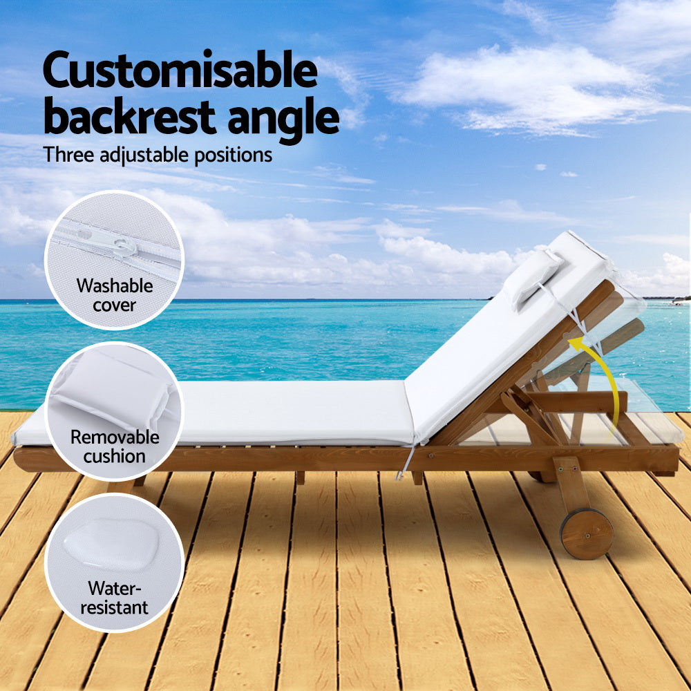 Gardeon 2x Sun Lounge Wooden Lounger Outdoor Furniture Day Bed Wheel Patio White - VogueDecor.au