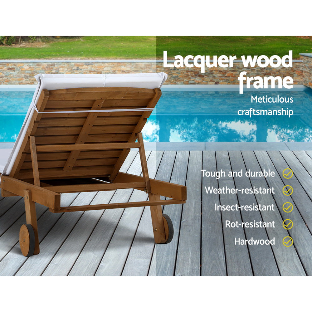 Gardeon 2x Sun Lounge Wooden Lounger Outdoor Furniture Day Bed Wheel Patio White - VogueDecor.au