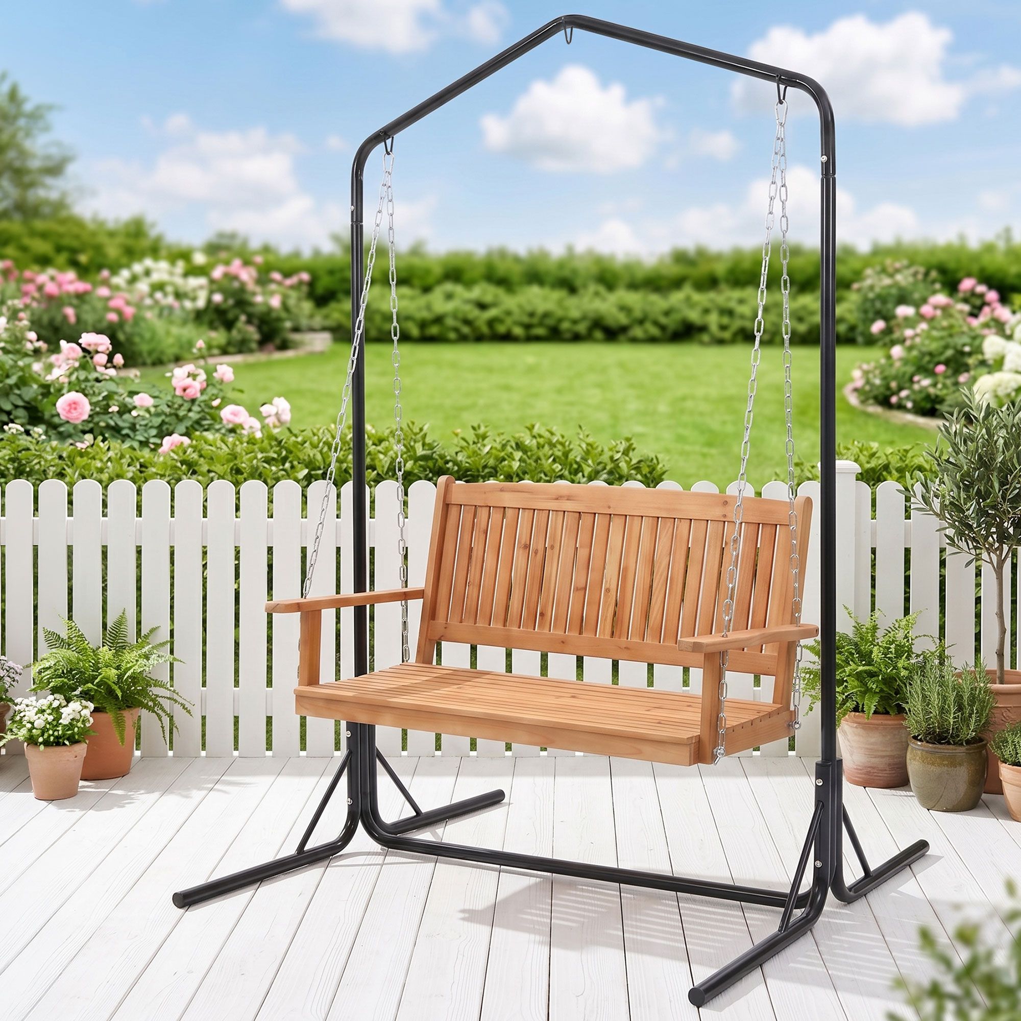 Gardeon Wooden 2-Seater Outdoor Swing Chair with Black Stand Hanging Chair Patio Furniture
