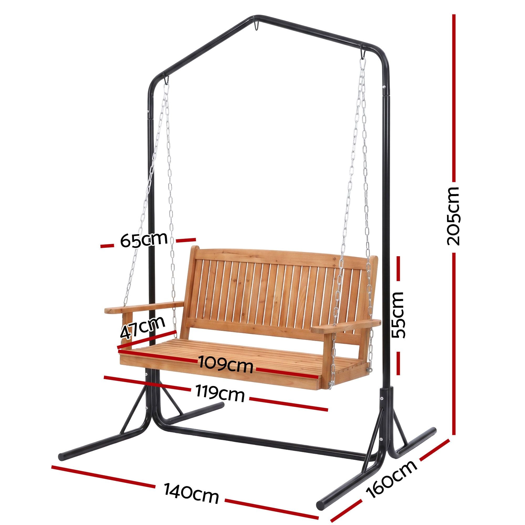 Gardeon Wooden 2-Seater Outdoor Swing Chair with Black Stand Hanging Chair Patio Furniture