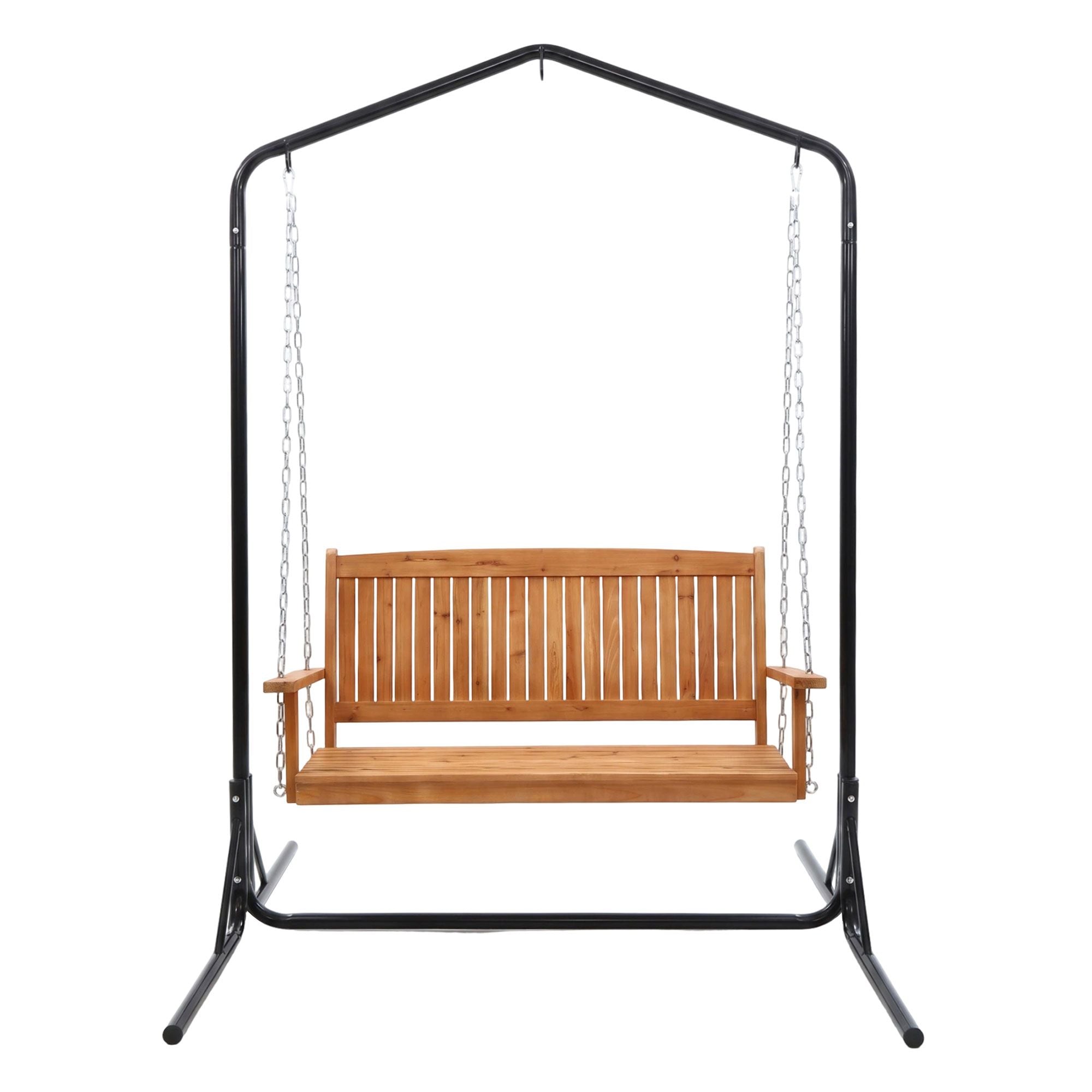 Gardeon Wooden 2-Seater Outdoor Swing Chair with Black Stand Hanging Chair Patio Furniture