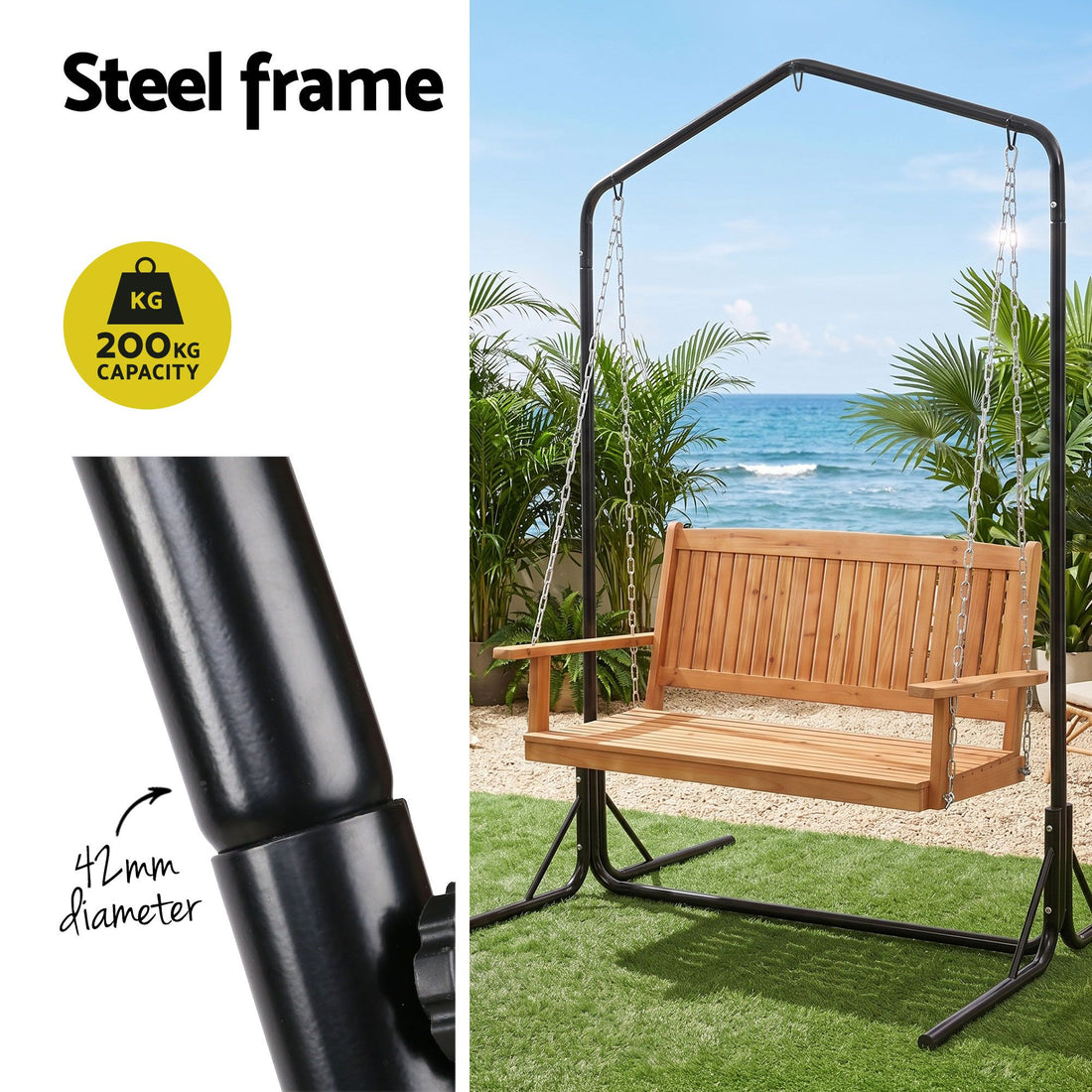 Gardeon Wooden 2-Seater Outdoor Swing Chair with Black Stand Hanging Chair Patio Furniture
