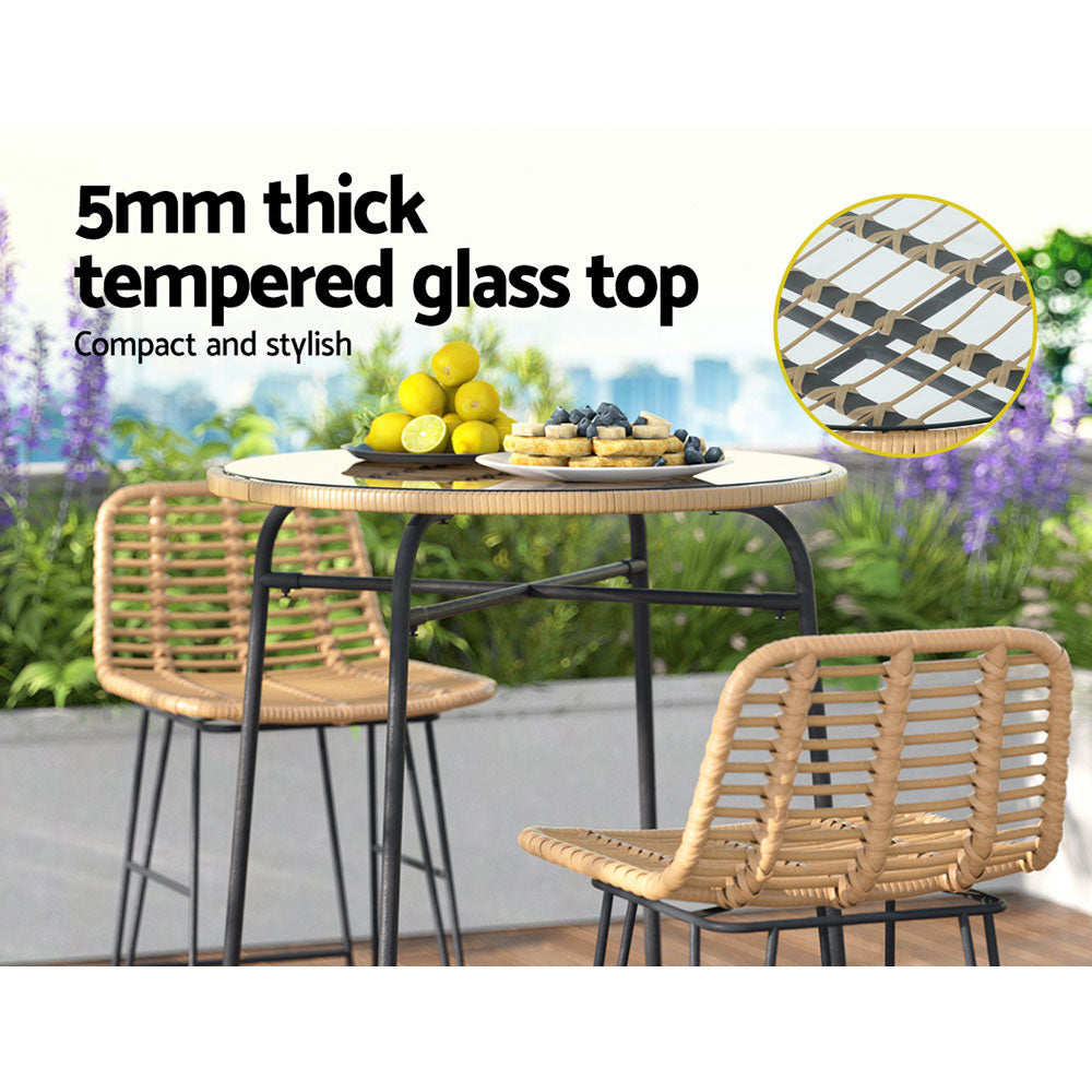 Gardeon Outdoor Bar Table Wicker Dining Bistro Patio Balcony Glass Table Steel - VogueDecor.au