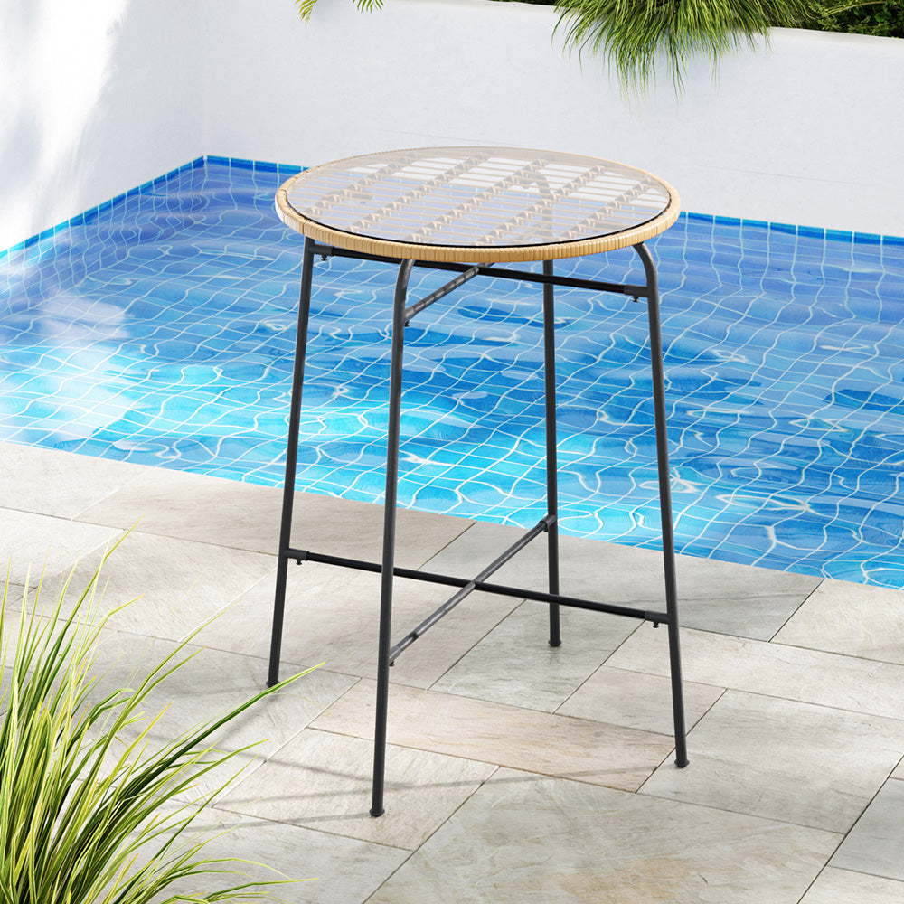 Gardeon Outdoor Bar Table Wicker Dining Bistro Patio Balcony Glass Table Steel - VogueDecor.au