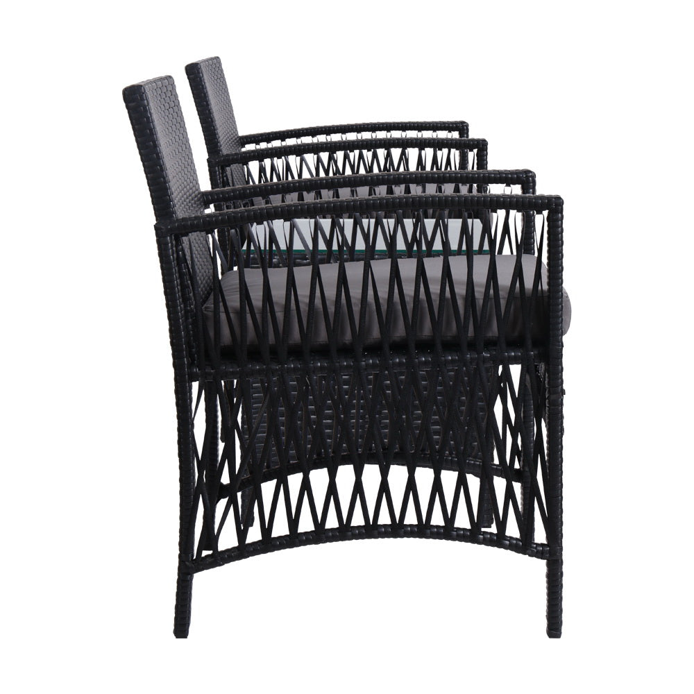 Gardeon 3PC Outdoor Bistro Set Patio Furniture Wicker Dining Chairs Table Cushion Black - VogueDecor.au