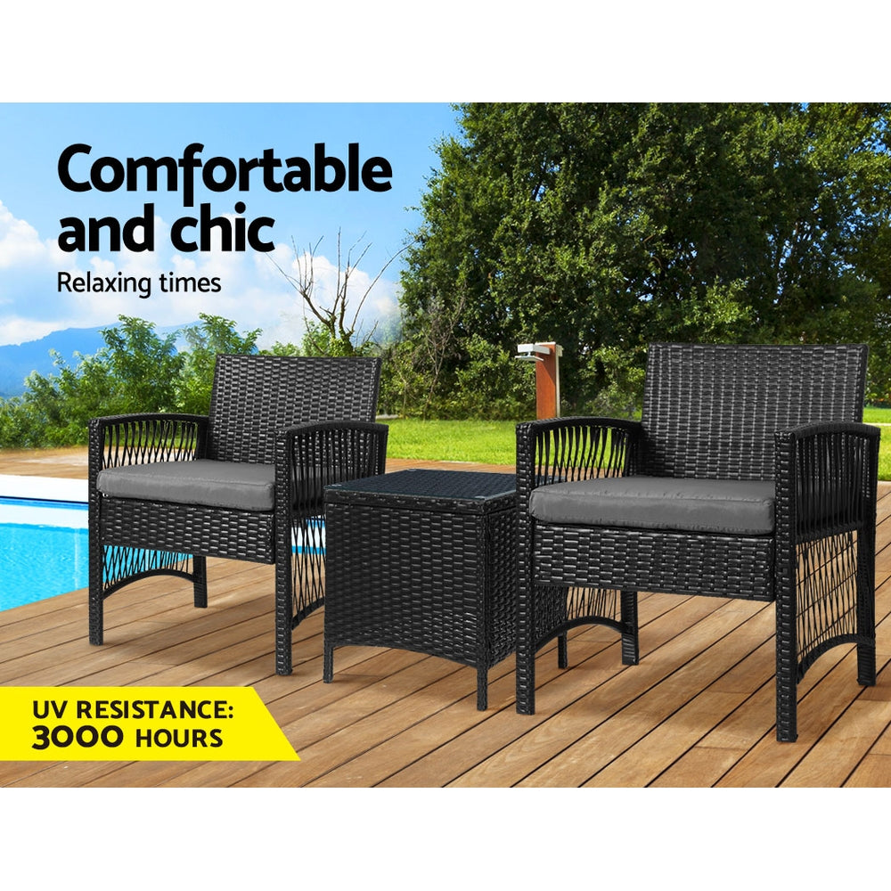Gardeon 3PC Outdoor Bistro Set Patio Furniture Wicker Dining Chairs Table Cushion Black - VogueDecor.au