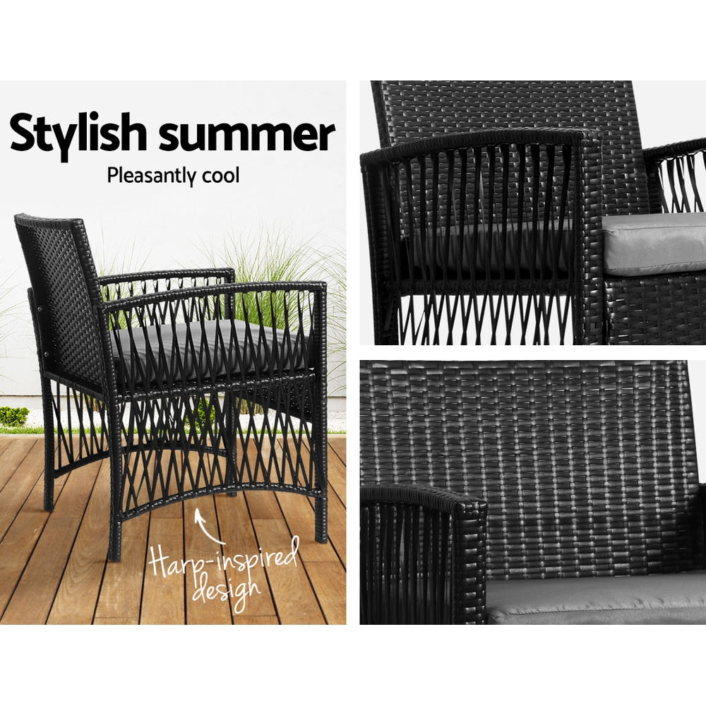 Gardeon 3PC Outdoor Bistro Set Patio Furniture Wicker Dining Chairs Table Cushion Black - VogueDecor.au