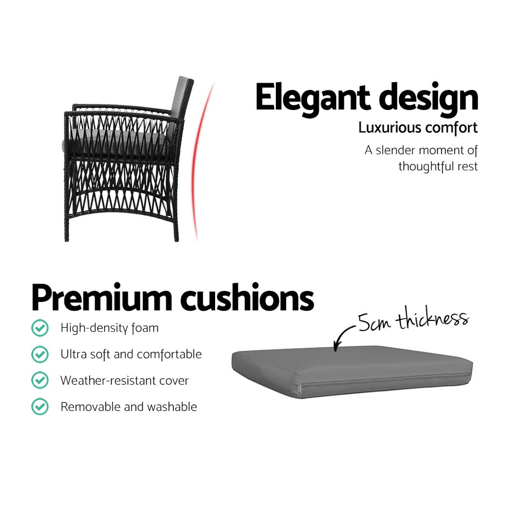 Gardeon 3PC Outdoor Bistro Set Patio Furniture Wicker Dining Chairs Table Cushion Black - VogueDecor.au