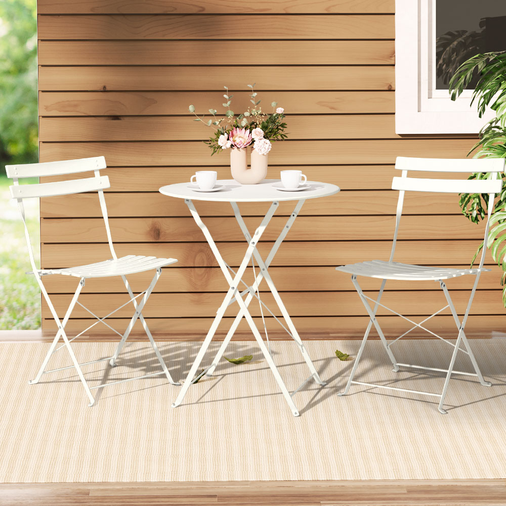 Gardeon 3PC Outdoor Bistro Set Steel Table and Chairs Patio Furniture White - VogueDecor.au