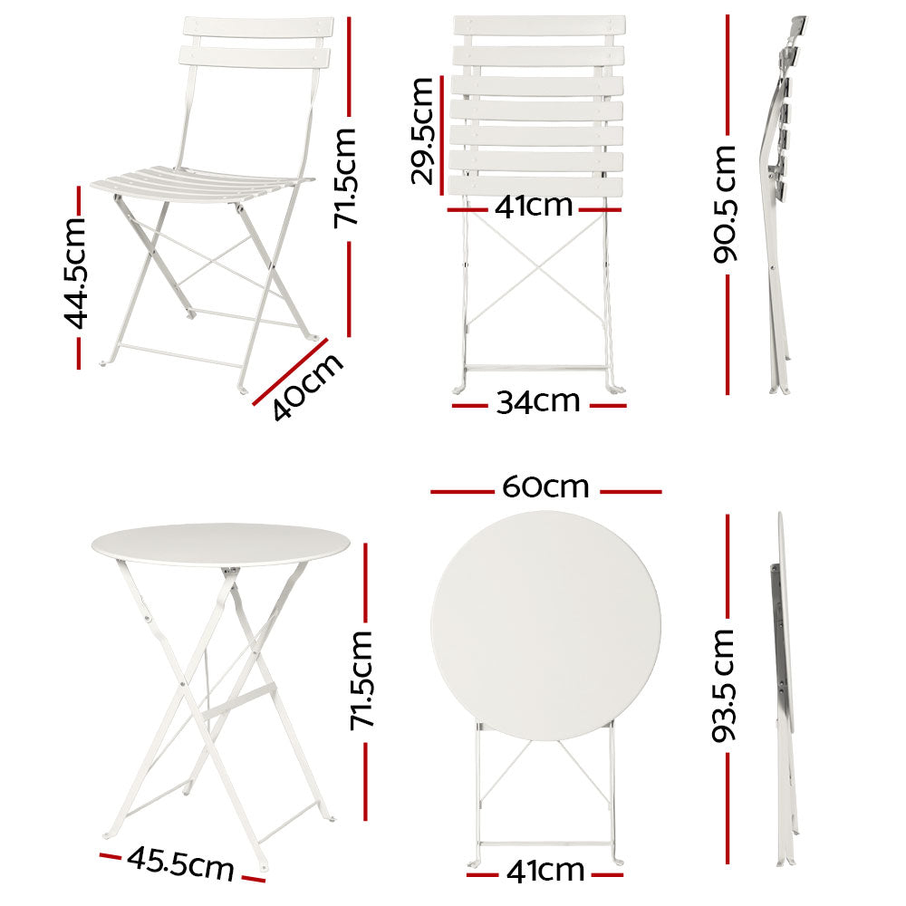 Gardeon 3PC Outdoor Bistro Set Steel Table and Chairs Patio Furniture White - VogueDecor.au