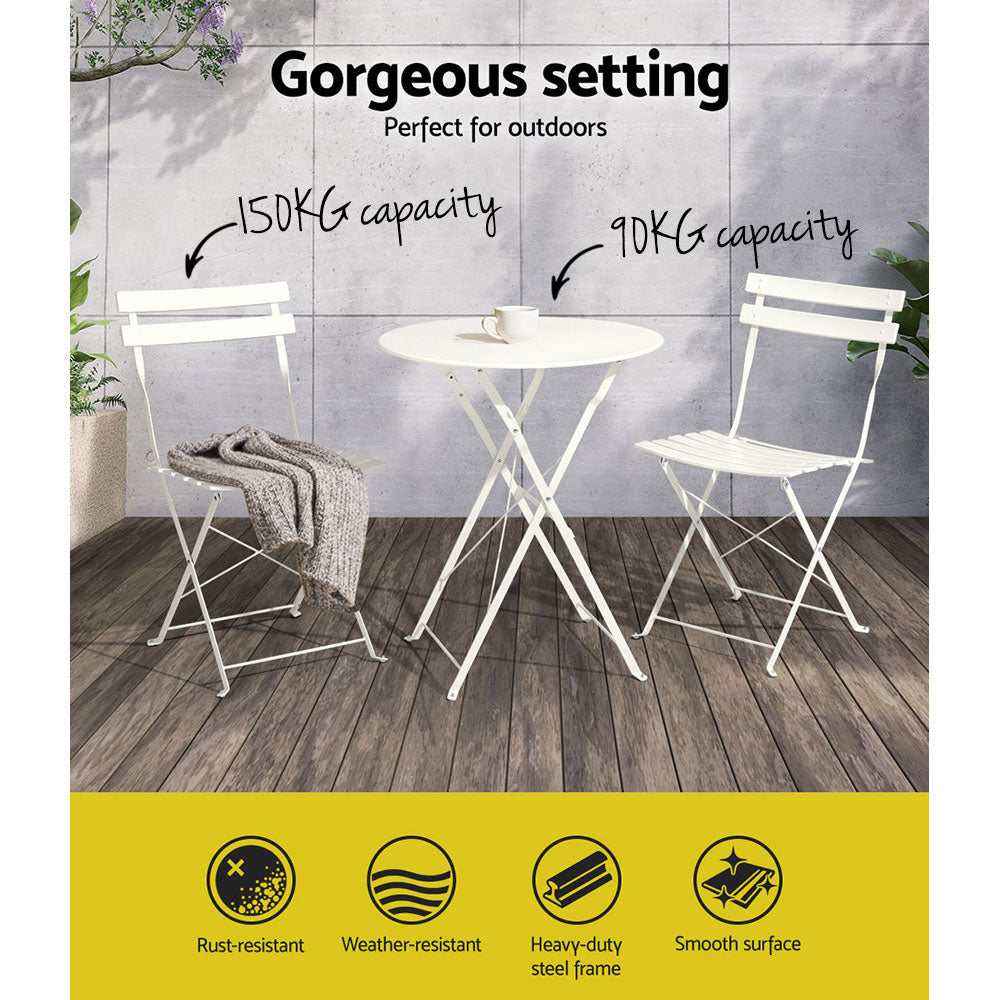 Gardeon 3PC Outdoor Bistro Set Steel Table and Chairs Patio Furniture White - VogueDecor.au