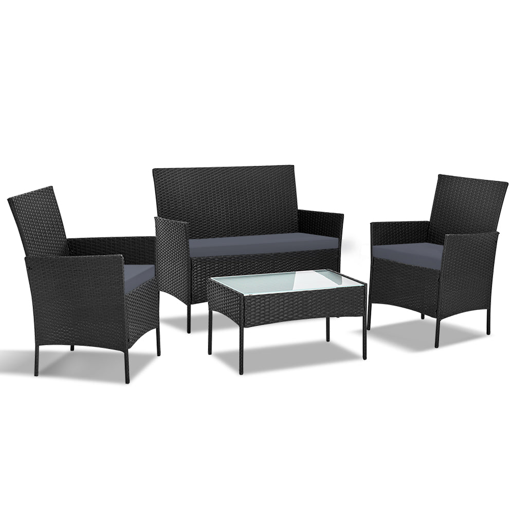 Gardeon 4 Seater Outdoor Sofa Set Wicker Setting Table Chair Furniture Black - VogueDecor.au