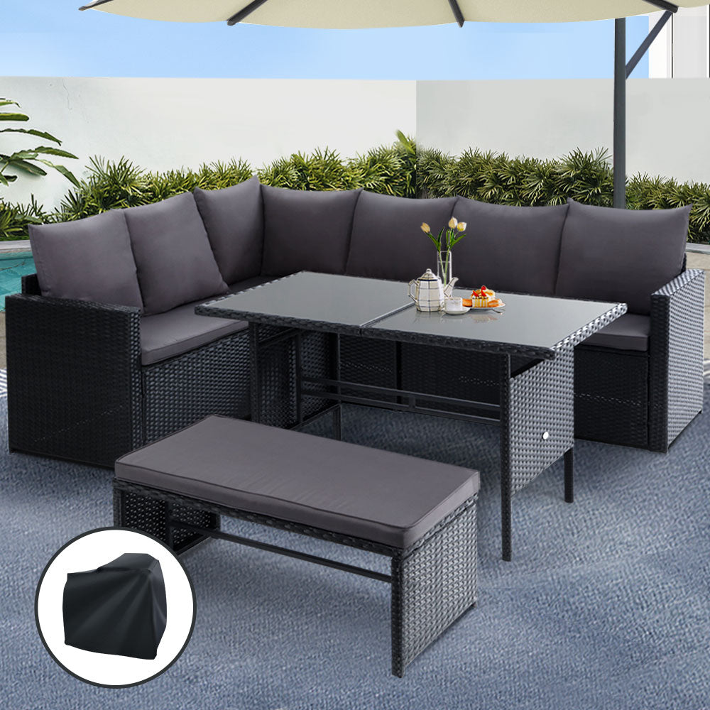 Gardeon Outdoor Dining Set Sofa Lounge Setting Chairs Table Bench Black Cover - VogueDecor.au