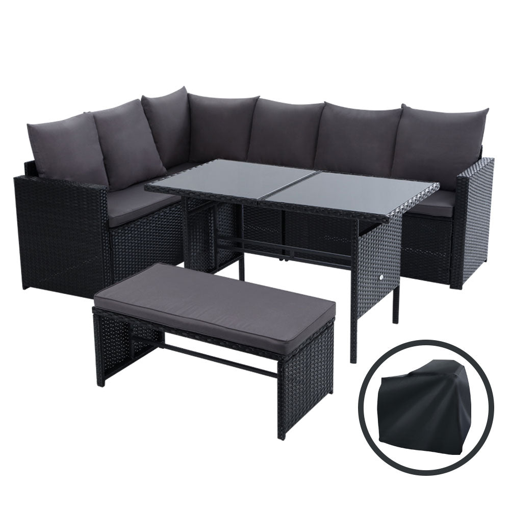 Gardeon Outdoor Dining Set Sofa Lounge Setting Chairs Table Bench Black Cover - VogueDecor.au