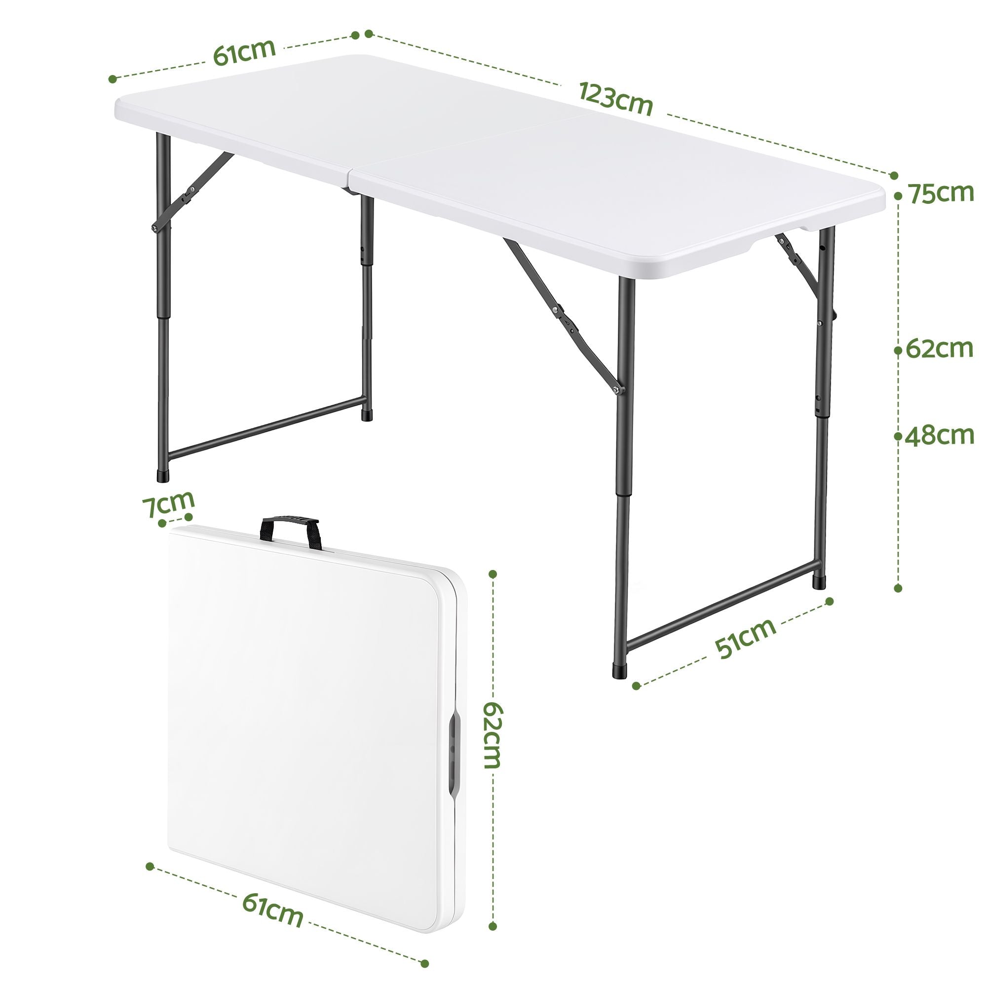 Gardeon 123cm Folding Table Portable Fold-in-Half with Handle Camping Picnic Adjustable Height