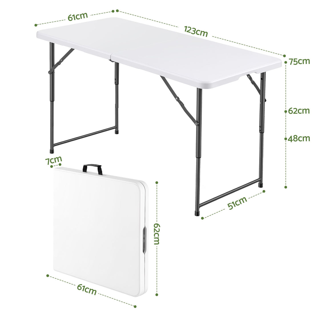 Gardeon 123cm Folding Table Portable Fold-in-Half with Handle Camping Picnic Adjustable Height