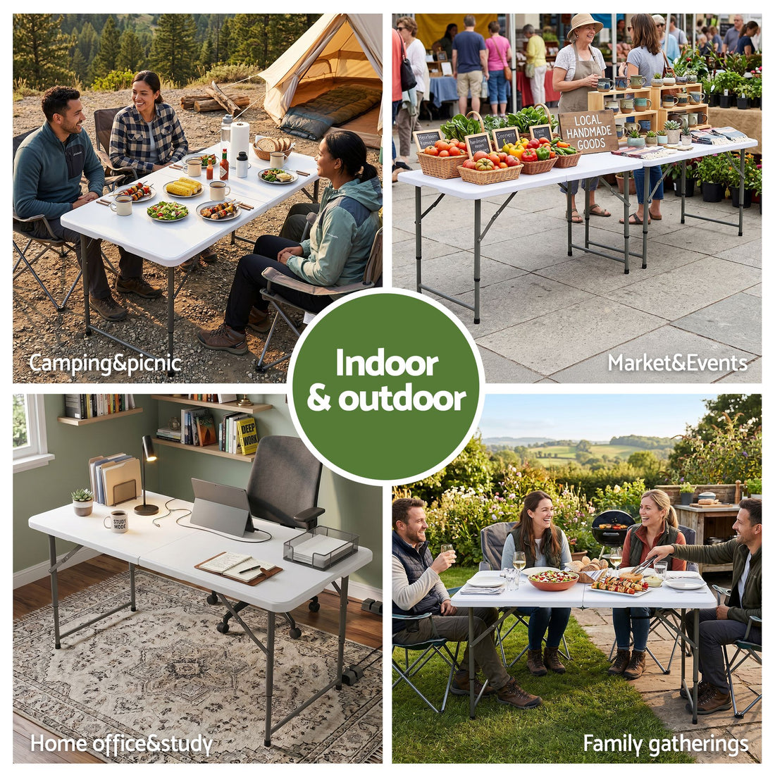 Gardeon 123cm Folding Table Portable Fold-in-Half with Handle Camping Picnic Adjustable Height