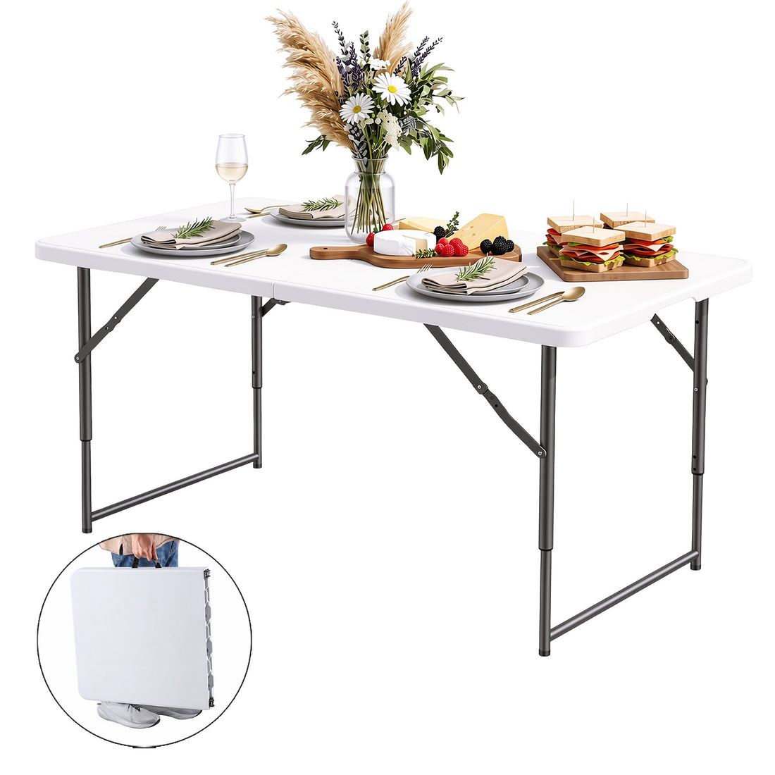 Gardeon 123cm Folding Table Portable Fold-in-Half with Handle Camping Picnic Adjustable Height