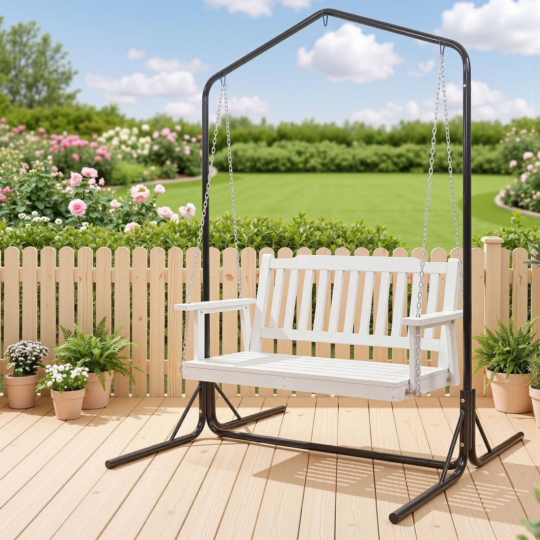 Gardeon Wooden 2-Seater Outdoor Swing Chair with Black Stand White Hanging Chair