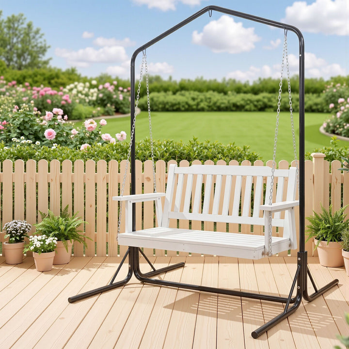 Gardeon Wooden 2-Seater Outdoor Swing Chair with Black Stand White Hanging Chair