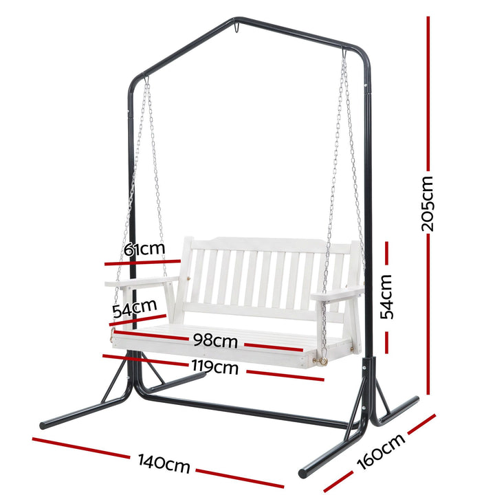 Gardeon Wooden 2-Seater Outdoor Swing Chair with Black Stand White Hanging Chair