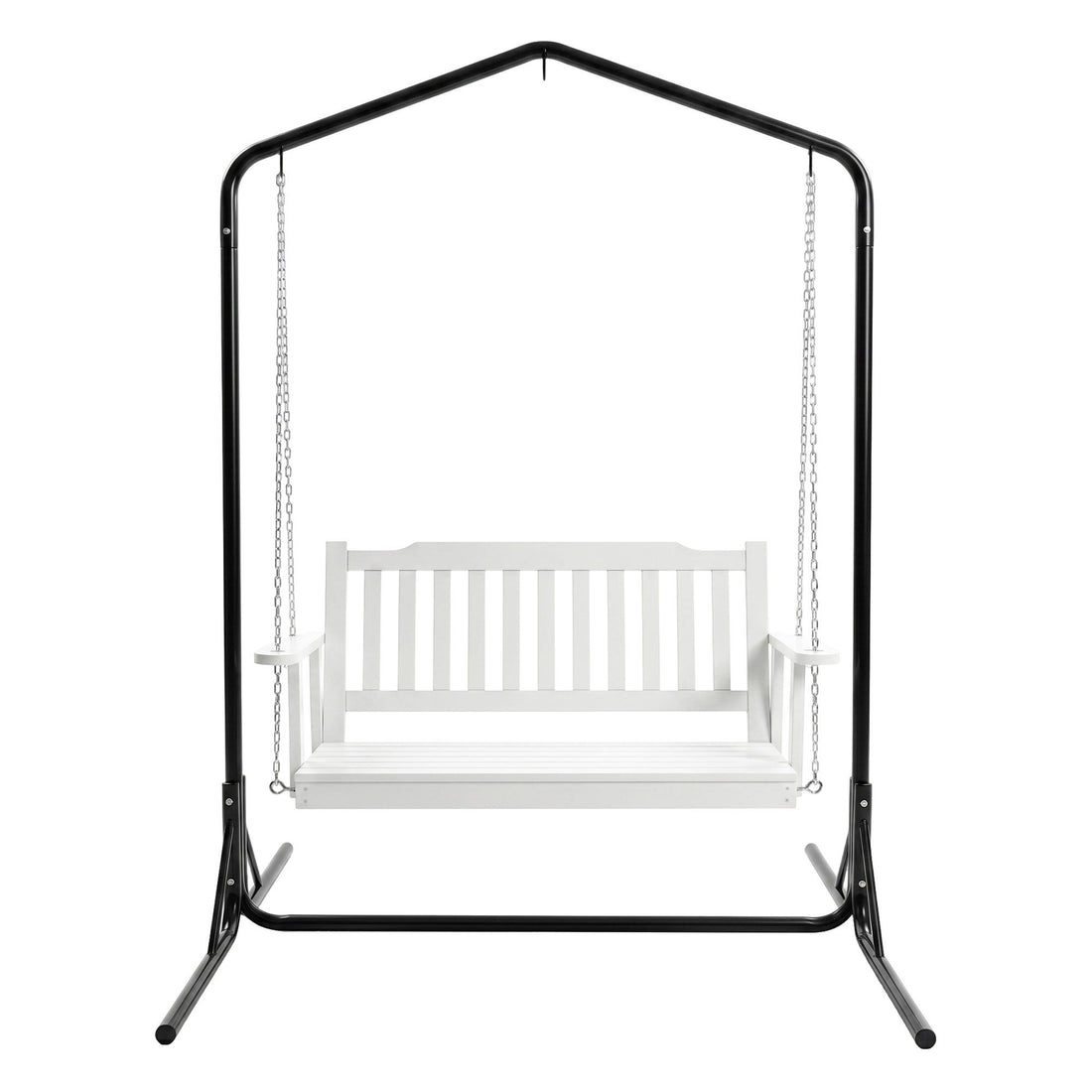 Gardeon Wooden 2-Seater Outdoor Swing Chair with Black Stand White Hanging Chair