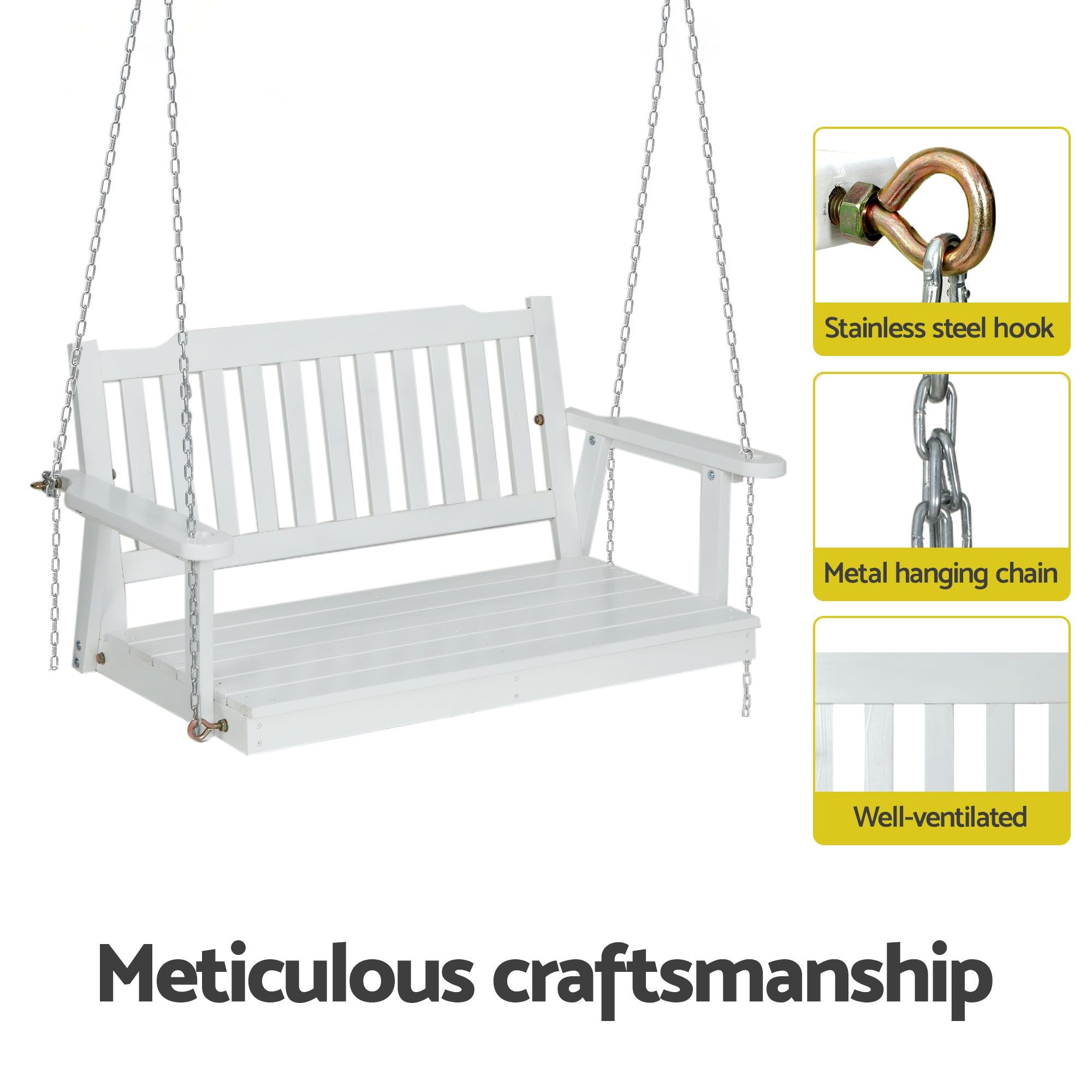 Gardeon Wooden 2-Seater Outdoor Swing Chair with Black Stand White Hanging Chair
