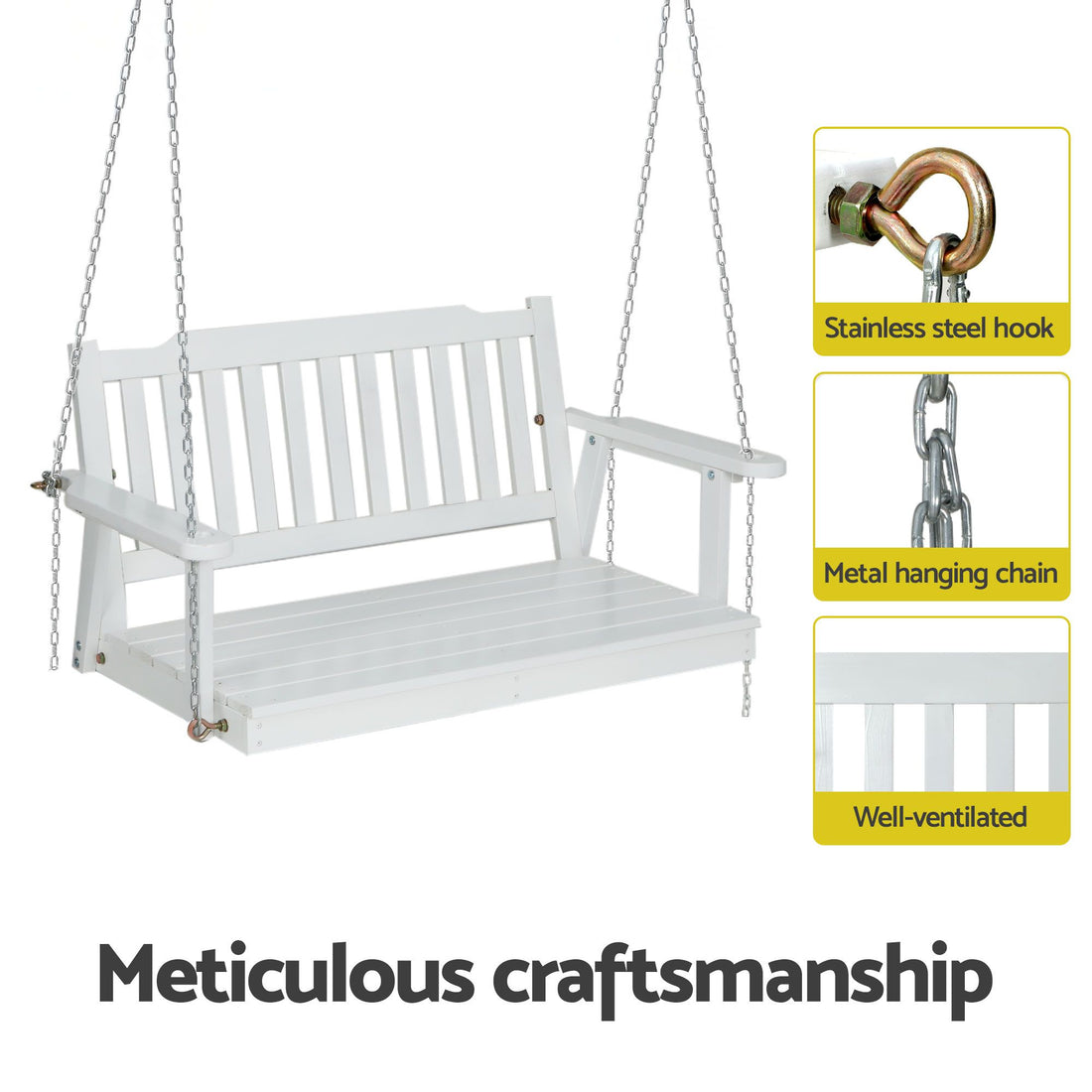 Gardeon Wooden 2-Seater Outdoor Swing Chair with Black Stand White Hanging Chair