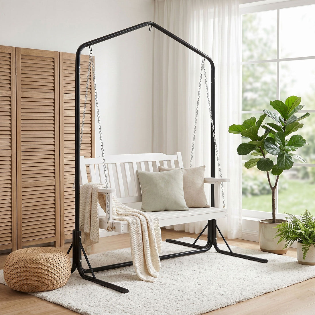 Gardeon Wooden 2-Seater Outdoor Swing Chair with Black Stand White Hanging Chair