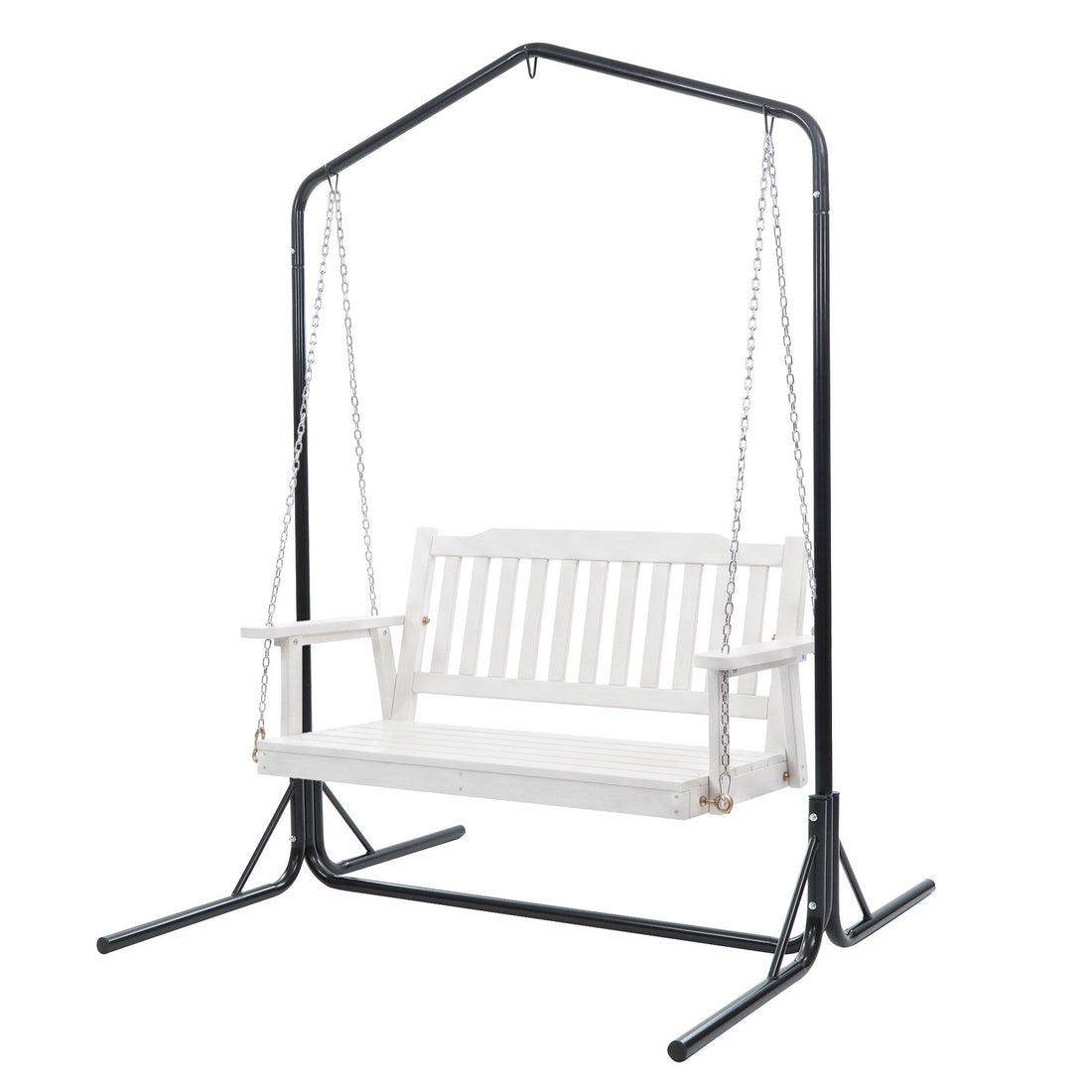 Gardeon Wooden 2-Seater Outdoor Swing Chair with Black Stand White Hanging Chair